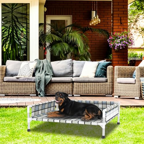 Elevated Raised Outdoor Dog Bed - Cooling Washable Dog Cot with Guardrail, Durable & Breathable Cotton Mesh Pet Hammock Beds with Stainless Steel Pipe Frame for Large Pets (34'' x 26'' x 12'') - size: 34'' x 26'' x 12''