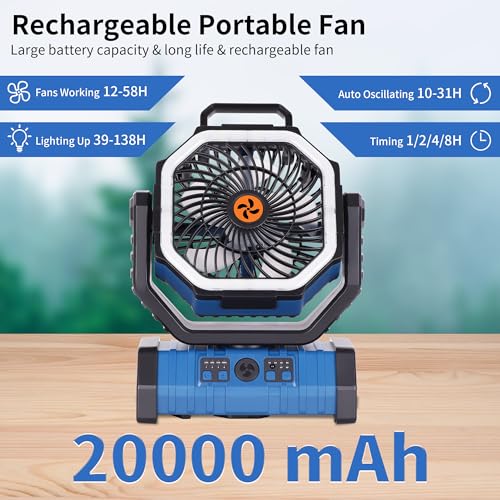 Portable Fan Battery Powered,20000mAh Rechargeable Camping Fan Battery Operated with LED Lantern,Auto-Oscillating USB Personal Cordless Battery Fans Portable Tent Travel & Hanging Hook (Blue) - color: Blue