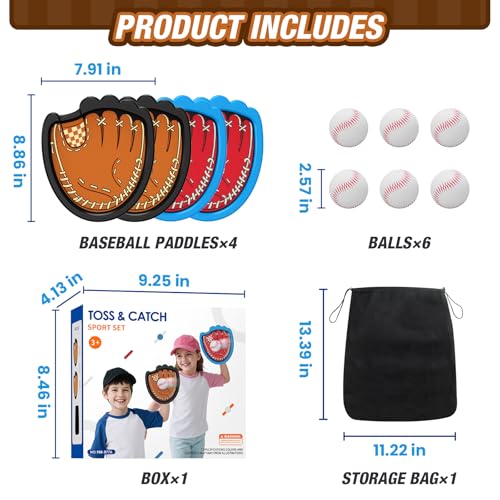 HYES Toss and Catch Ball Game, Outdoor Toys for Kids, Beach Pool Yard Games for Teens & Family, Toddler Baseball Glove Birthday Gifts for 3 4 5 6 7 8+ Year Old Boys & Girls (4 Paddles & 6 Balls) - style: 4 pack