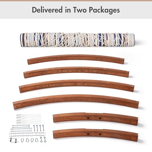 ANOW 13.5FT Curved Wood Stand with Double Hammock, Heavy Duty Larch Wood Arc Stand with 2 Chains, 4 Balance Ropes and 4 Carabiners, Includes Blue Seaside Rope Hammock with Spreader Bars - color: Blue Seaside