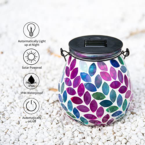 Afirst Mosaic Solar Lanterns Outdoor - Glass Hanging Solar Lights Hollow Out Waterproof Table Lamp Outdoor Decorative for Garden, Patio, Holiday Party Outdoor Decoration - style: Leave
