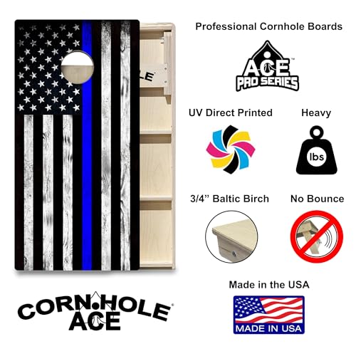 CornholeAce ACE PRO American Flag Cornhole Board Set - No Bounce! Triple Wide Legs, 3/4" Baltic Birch Plywood, Handles, Regulation Size (4x2ft), Tournament Style, Made in USA - color: Thin Blue Line Police Flag