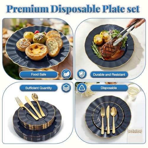 175 Plastic Dinnerware Set, Disposable Dinnerware Set for 25 Guests Include 50 Plastic Plates,25 Silverware Set,25 Cups and 25 Napkins for Graduation Party Wedding(Navy Blue and Gold) - color: Navy Blue