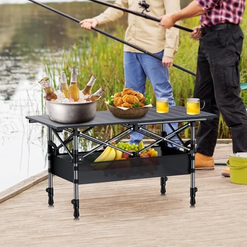 Anbte 3ft Aluminum Roll Top Camping Table, 2 Adjustable Height Camping Table Folding with Storage Net & Bag Lightweight Roll Up Table for Tailgate Outdoor Backyard BBQ Patio Picnic, 32.2” X 16”, Black - color: Black, size: 32"L x 16"W x 27.5"H (2 heights)