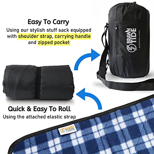 BRAWNTIDE Large Outdoor Waterproof Blanket - Extra Thick Fleece, Warm, Windproof, Sandproof, Quilted, 82" x 55", Ideal for Beaches, Picnics, Camping, Stadiums, Dogs, Car - color: Plaid Blue