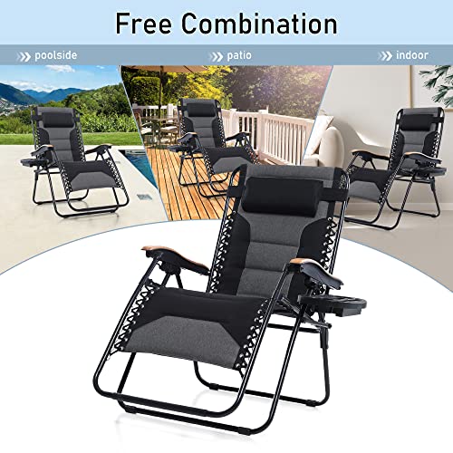 PHI VILLA XXL Oversized Padded Zero Gravity Chair Set of 2, Foldable Patio Recliner, 30" Wide Seat Anti Gravity Lounger with Armrest and Cup Holder, Support 400 LBS (Black) - color: Black, style: 2 Pcs