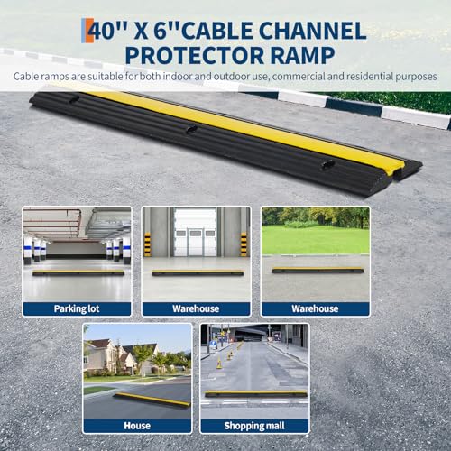 4 Pack of 1-Channel Rubber Cable Protector Ramps, Heavy Duty Floor Cord Cover with Yellow Warning Strips, 18000Lbs Load Capacity Outdoor Pipe and Cable Management, Driveway Protector for Ramps & Bumps