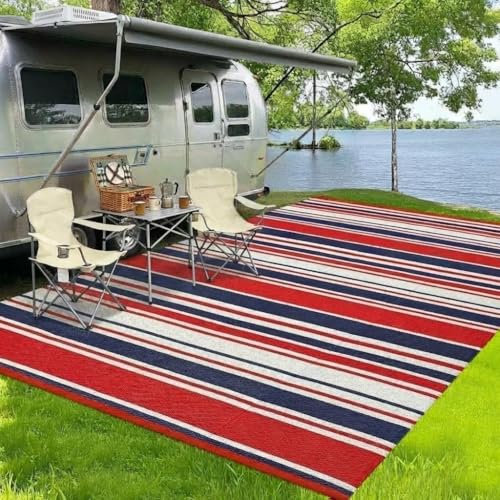 GarveeHome 9x18 Modern Geometric Lines Plastic Straw Outdoor Large Rugs Colorful Striped Reversible Indoor Outdoor Rugs Non Shedding Portable Outside Carpet for Trailer RV Backyard, Red Navy White - color: Geometric Stripes| Red Navy White, size: 9' x 18'