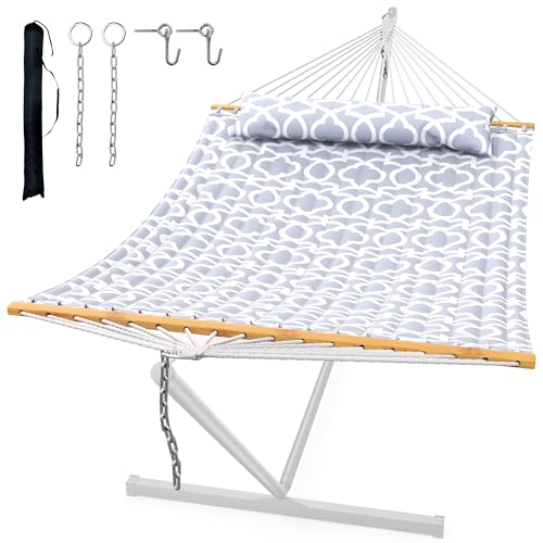 ANAGOO Double Quilted Outdoor Hammock for 2 Adults, 500lb Capacity Backyard & Camping Hammock with Pillow and Bamboo Spreader Bar, Fits 11–15ft Hammock Stands (Stand Not Included),Light Gray - color: Light Gray(without Stand)