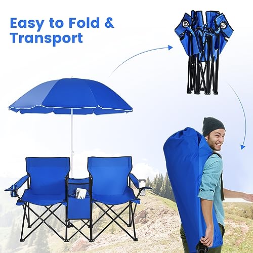 Double Camping Chair, 2-Person Portable Beach Chair w/Removable Umbrella, Cup Holders & Carrying Bag, Folding Loveseat Chairs for Adults Outdoor Picnic (Blue) - color: Blue
