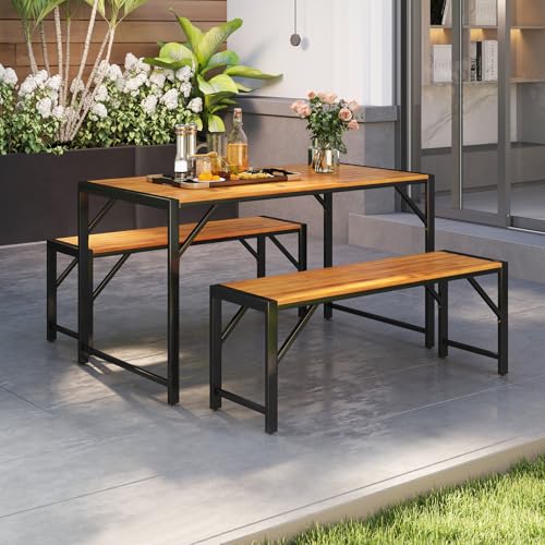 Tangkula 3 Pieces Patio Dining Set for 6 People, Outdoor Picnic Table & 2 Benches, 53” Acacia Wood Dining Table w/Metal Frame, Space-Saving Dinette Set for Garden Porch Poolside Yard Balcony
