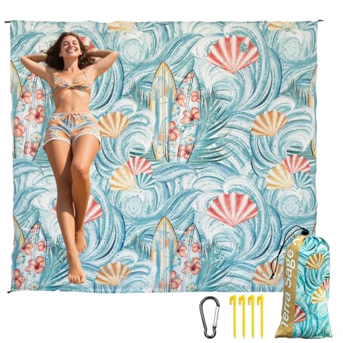 Beach Blanket Waterproof Sandproof Beach Mat 79" X 83" for 2-8 Adults, Sand Free Mat Quick Drying for Travel, Camping, Hiking with 4 Stakes & 4 Corner Pockets (Shell A) - color: Shell