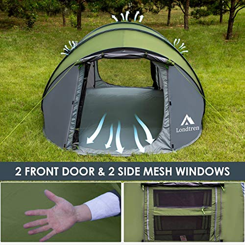 4 Person Easy Pop Up Tent Waterproof Automatic Setup 2 Doors-Instant Family Tents for Camping Hiking & Traveling - color: Green & Grey