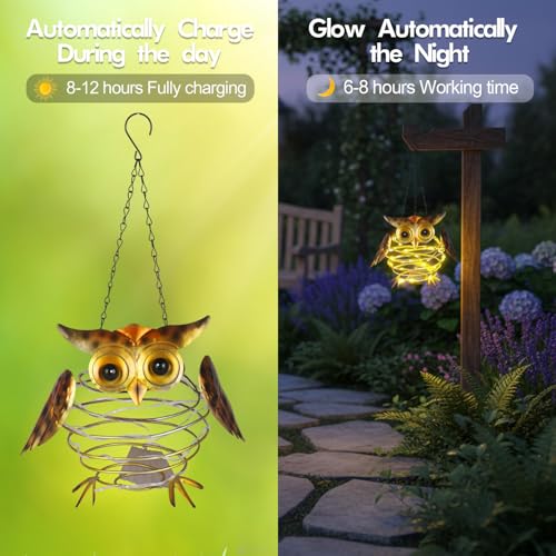 2 Pack Owl Solar Lights Outdoor Hanging Lantern with Handle, Solar Powered Owl Garden Decor for Outside Patio Yard Porch Pathway Owl Gifts for Women (Warm White LED Lights) - color: Brown-Owl