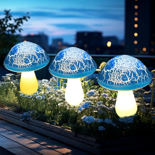 Solar Mushroom Lights Garden Decor 8 Blue Crack Mushrooms Outdoor Decor Stake Lights, Waterproof Solar Pathway Light Gardening Gifts for Landscape Easter Gnomes Yard Halloween Christmas Decorations - color: Blue