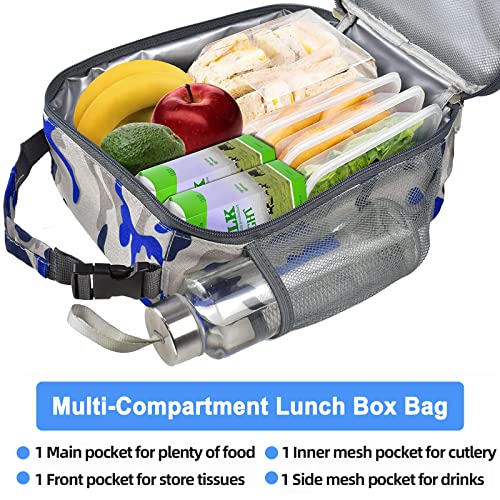 Insulated Lunch Bag, Leakproof Portable Box for Women Men Boys Girls, Large Capacity Cooler Bag with Handle and Bottle Pocket for Office School Camping Hiking Outdoor Beach Picnic (Camo Blue) - color: Camo Blue