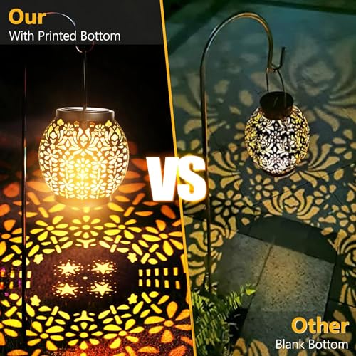ODEETRONIC 2 Pack Warm White Outdoor Hanging Solar Garden Lanterns with Star Projection, Retro Hollowed-Out LED Lights, Waterproof for Yard Patio Lawn Porch Pathway Garden - size: 2 Pack, style: Warm White - Retro Hollow-out