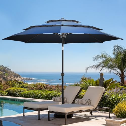 wikiwiki 9 FT Patio Umbrellas 3-Tiers Outdoor Table Market Umbrella with Push Button Tilt/Crank, Fade Resistant Waterproof POLYESTER DTY Canopy for Garden, Lawn, Deck, Backyard & Pool, Dark Blue - color: Dark Blue, size: 9 FT