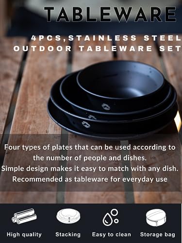 CAMPINGMOON Camping Tableware Set Stainless Steel Camping Plates Bowl Stackable Outdoor Dinnerware Canvas Carry Case Camping Hiking Picnic - color: Black (titanium oxide coating)