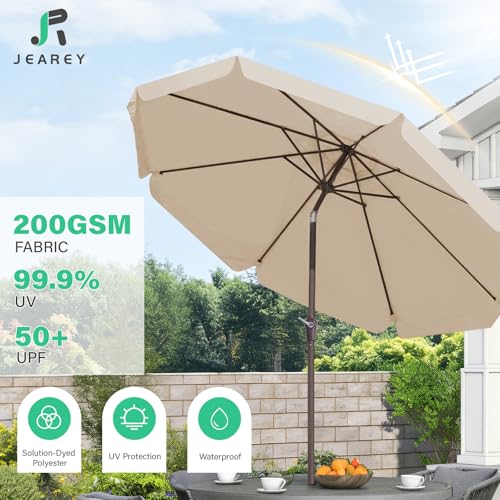 JEAREY 9 FT Patio Umbrella Outdoor, Table Umbrellas Market Umbrella w/Push Button Tilt/Crank, 8 Sturdy Ribs(Beige) - color: Beige