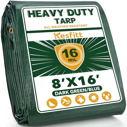 Kesfitt 16 Mil Heavy Duty Waterproof Tarp with Metal Grommets, Dark Green & Blue Reversible Poly Tarp, 8x16 ft, for Outdoor Protection, Yard, Garden, Farm, Camping & Equipment Coverage - color: 16mil-green/Blue, size: 8x16 ft