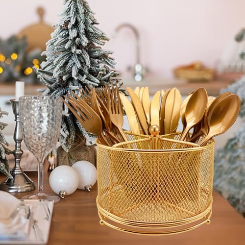 DysanVica 360° Rotating Metal Utensil Caddy - 4 Compartment Silverware Cutlery Holder Rotation Fork Spoon Napkin Organizer Flatware Storage Basket Party Countertop Buffet Picnic Camping Outdoor Gold - color: Gold