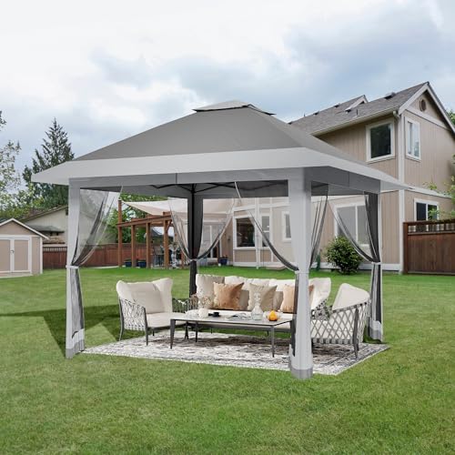 13X13 Pop Up Gazebo,Outdoor Canopy Tent with Mosquito Netting, Double Vented Roof Sun Shelter with Adjustable Heights,Outdoor Gazebo for Backyard & Patio Furniture.（Grey） - color: Gray