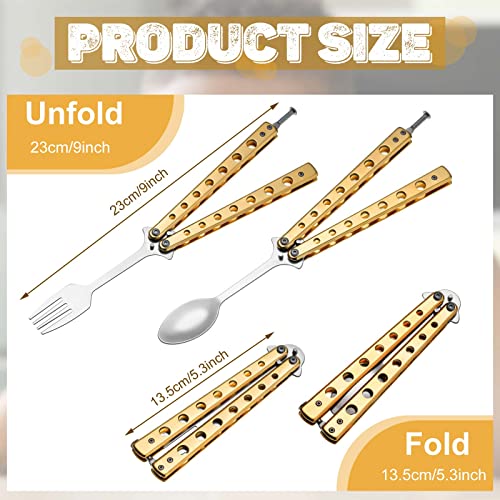 Flutesan 2 Pcs Butterfly Fork and Spoon Set, Folding Stainless Steel Fork Tactical Butterfly Spoon for Travel BBQ Kitchen Camping Hunting(Gold) - color: Gold