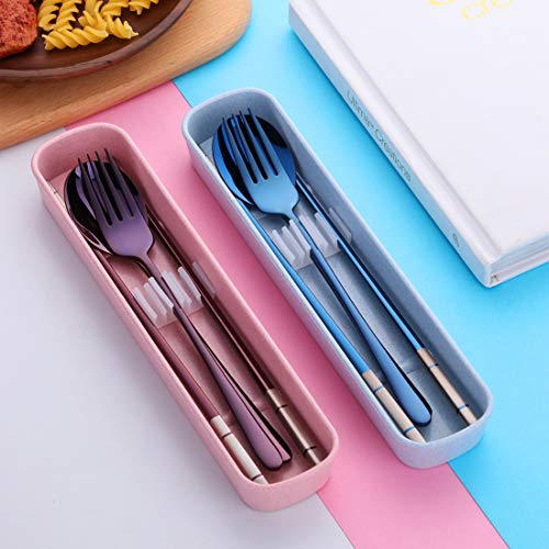 3 PCS Stainless Steel Travel Camping Flatware Set Fork Spoon Chopsticks with Portable Case, Blue - color: Blue
