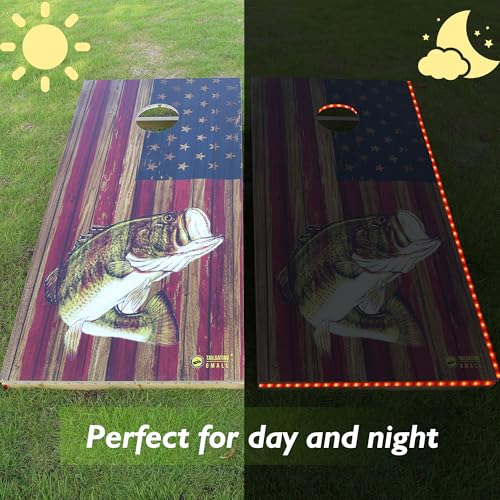 LED Cornhole Board Set 4FTx2FT Solid Wood Regulation Size Cornhole Set with LED Lights Includes 8 Cornhole Bags for Adults (USA Flag & Fish, 4'x2')