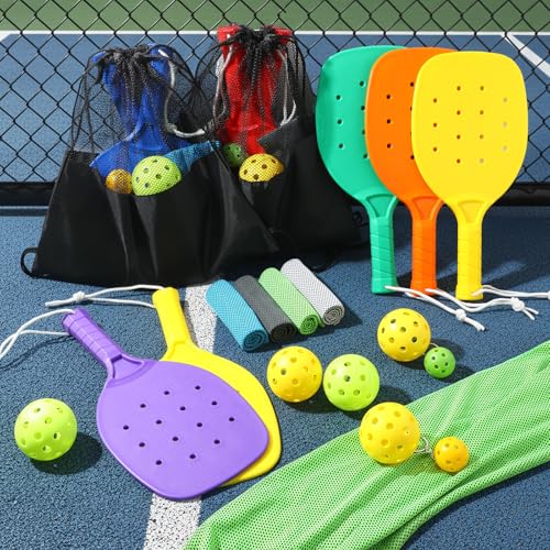 Arrowbash 60 Pcs Plastic 15.2 x 7.5 Inches Paddleball Racket Set with Balls, Ball Keychain, Cooling Towels&Carry Bag, Bulk Sports Equipment for Teams, Parties & Physical Education Classes