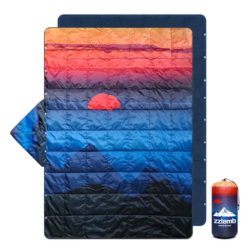 zzlamb Hooded Stadium Camping Blanket,Waterproof Outdoor Blanket Polar Fleece,Warm Windproof Portable for Stadium,Picnic,Sports,Beach,Car,Pets,56x75in Blue Mount Red Sun - color: Blue Mount Red Sun