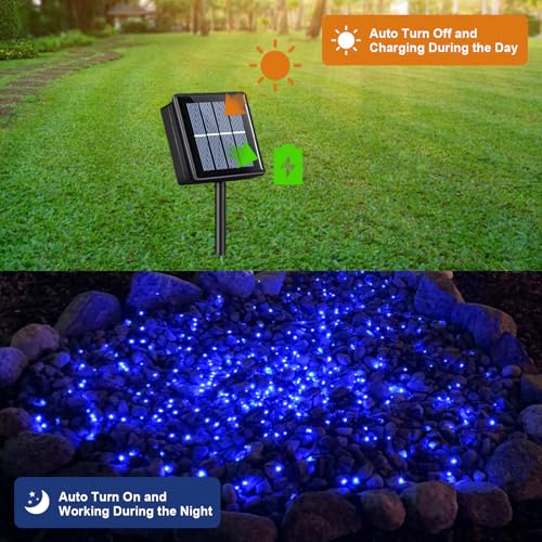 QITONG 4 Pack Solar Fairy Lights, Each 33ft 100 LED Blue Christmas String Light Outdoor Waterproof, 8 Modes Silver Wire Twinkle Mini Lights - color: Blue, size: 4Pack*100LED