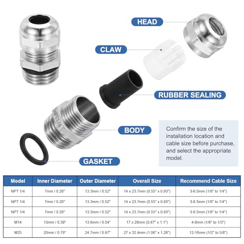 PATIKIL Waterproof Electrical Cable Glands, NPT 1/4 4 Pcs 1/8" to 1/4" Nickel-Plated Brass Cord Grip Electric Wire Connector Wire Protector for Outdoor Cable Box Enclosure Junction Box - size: NPT 1/4 1/8" to 1/4"