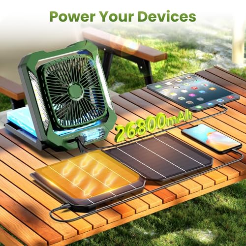 26800mAh Portable Fan Rechargeable with 18W Detachable Solar Panel, Quiet Battery Powered Camping Fan Cordless with LED Lantern,3 Speed,Timer,USB-C,for Bedroom Tent Home Office Desk Hurricane(Green)