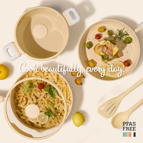 CAROTE Pots and Pans Set Nonstick, Ceramic Cookware Set, Yellow Cooking Set Kitchen Induction Set with Steamer, PFAS PTFE Free,9 Piece - color: Yellow, size: Stockpot