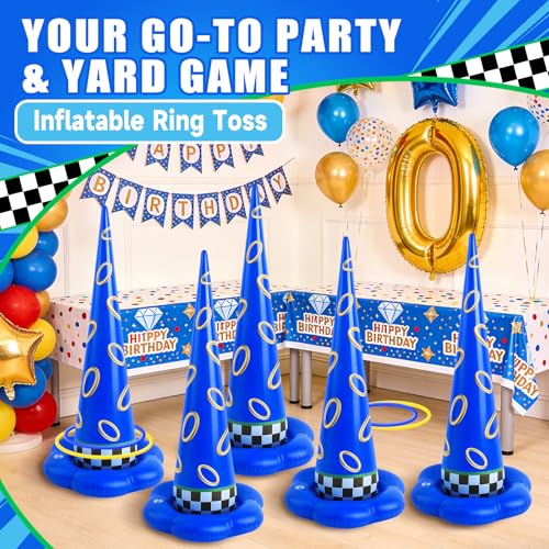 5 Pack Inflatable Ring Toss Game - Blue with Gold Ring Birthday Party Games with 10 Plastic Rings & Pump, Indoor Outdoor Carnival Toss Toy for Kids Party Favors - color: Blue Gold Ring
