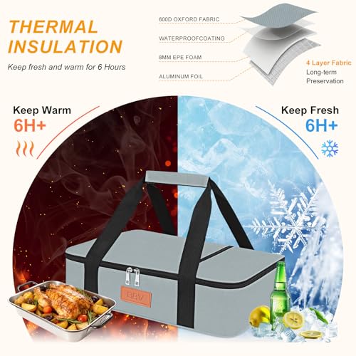 BBV Insulated Casserole Carrier for Hot or Cold Food, Food Warmer Bag Fits 9"x13" Baking Dish, Durable Nylon Leak Proof Food Containers for Travel, Potluck, Parties, Picnic, Cookouts (Grey) - color: Grey