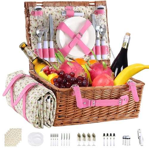 Neti Neti Wicker Picnic Basket for 4 with Insulated Cooler & Waterproof Blanket – Large Willow Picnic Hamper for Outdoor, Camping, Beach, Romantic Dates, Valentine’s Day - color: Floral Crushed
