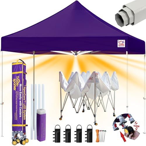Tradesparker 10x10 Pop Up Canopy Tent,Commercial Movable Canopy with ApexCore LED&Rugged Casters-Instant Easy Setup Shelter Canopies with Weight Bags&Stakes for Outdoor Events Markets Vendors,Purple - color: Purple, size: 10x10