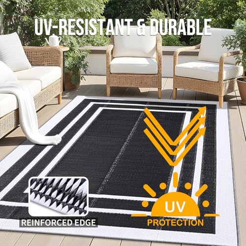 OLANLY Outdoor Rug 4x6 ft Waterproof, Reversible Outdoor Plastic Straw Rug, RV Mat, Indoor Outdoor Carpet Clearance for Patio, Camping, Balcony, Deck, Backyard, Black & White - color: Black & White, size: 4' X 6' (Rectangular)