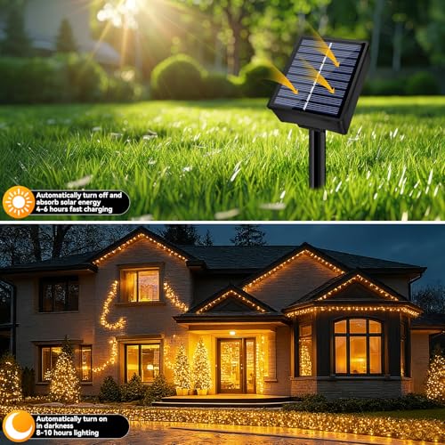 Solar String Lights Outdoor Waterproof 2 Pack Total 66ft 200LED 8 Modes Twinkle Lights Solar Fairy Lights for Patio, Garden Yard Party Wedding Tree Christmas Halloween Decoration, Warm White - color: Warm White