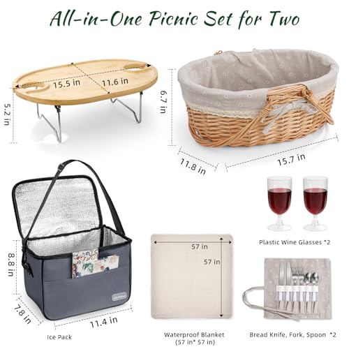 Picnic Basket for 2 with Table and Blanket, Collapsible Cooler Bag Insulated, Picnic Set for Beach Picnic Hamper Picnic Date Essentials for Outdoor Picnic Accessories Bridal Shower Gift - color: Grey Lining