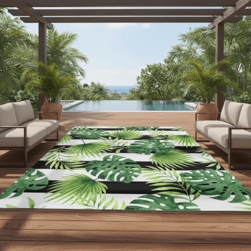 Outdoor Rug Waterproof 2x3 Tropical Plant Monstera Striped Outside Area Rugs for Patio Deck Porch Balcony Garden Black White Green Coastal Boho Reversible Poolside Backyard RV Outdoor Carpet - color: A, size: 2x3