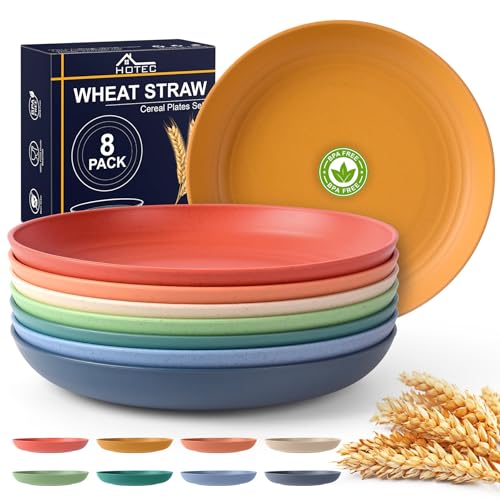 HOTEC 8-Pack 8inch BPA Free Unbreakable Deep Plastic Plates, Wheat Straw Camping Plates Dishwasher Safe Kitchen Plates Dinnerware Multicolor - color: Multicolor-8, size: 8inch