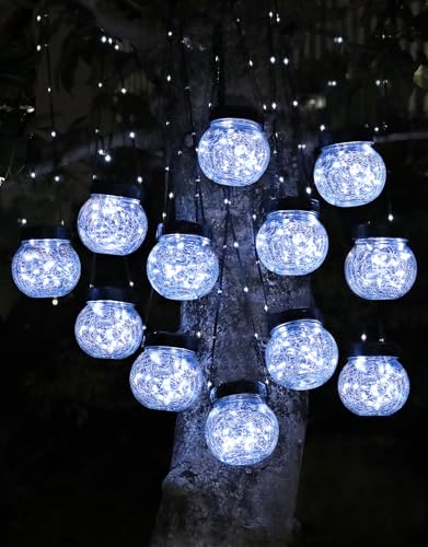 PARTPHONER Solar Lights Outdoor Waterproof 12-Pack, Solar Powered Hanging Lantern Cracked Glass Hanging Globes for Yard Decor Christmas Decoration, Shepherd Hook, Garden Tree Ornaments, Cold White - color: Cold White