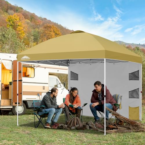 EAGLE PEAK Commercial Canopy 10x10 with Sidewall Storage, Easy OnePerson Setup Pop Up Canopy Tent with Roller Bag, Stakes, Ropes, and Weight Bags, Beige - color: Beige