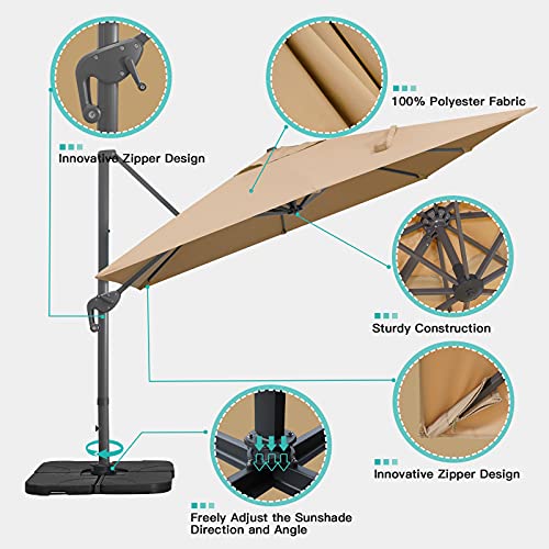 Sunnyglade 10x13Ft Cantilever Patio Umbrella Rectangular Deluxe Offset 360°Rotation & Integrated Tilting System Hanging Umbrella for Market Garden Deck Pool Backyard Patio (Tan) - color: Tan, size: 10 x 13 ft