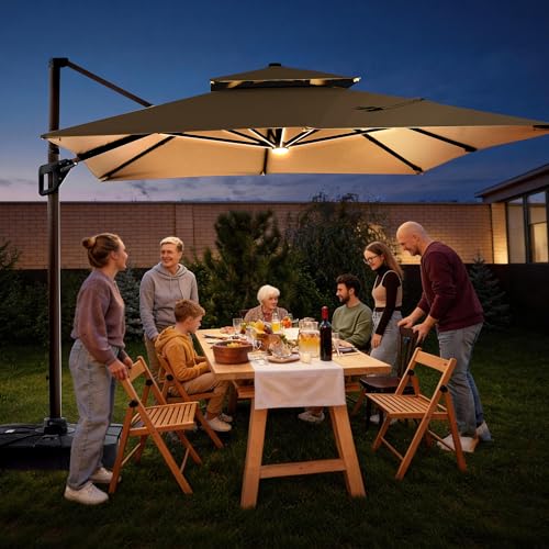 JZAC & QZYD 9x12 FT Outdoor Cantilever Patio Umbrella with LED Lights, Large Heavy Duty 2-Tier Aluminum Offset Umbrellas with 360-Degree Rotation for Pool Deck, Beige - color: Beige, size: 9'×12'
