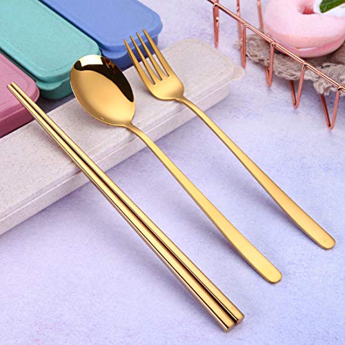 AARAINBOW 6 Pieces 18/8 Stainless Steel Flatware Set Portable Reusable Cutlery Set Travel Utensils Set Including Chopsticks Knife Fork Spoon Straws Cleaning Brush Dishwasher Safe (Golden) - color: Golden